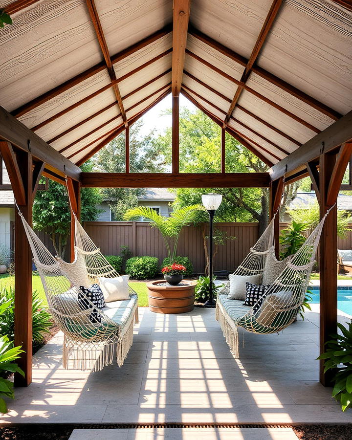 outdoor pavilion with hammocks