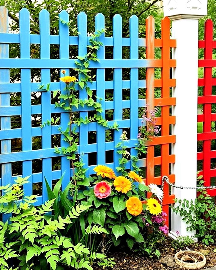 painted lattice fence in bold colors