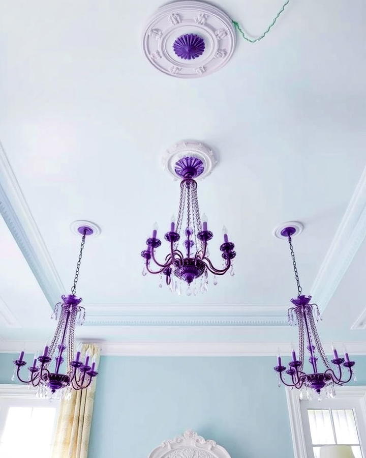 pale blue ceiling with purple chandeliers