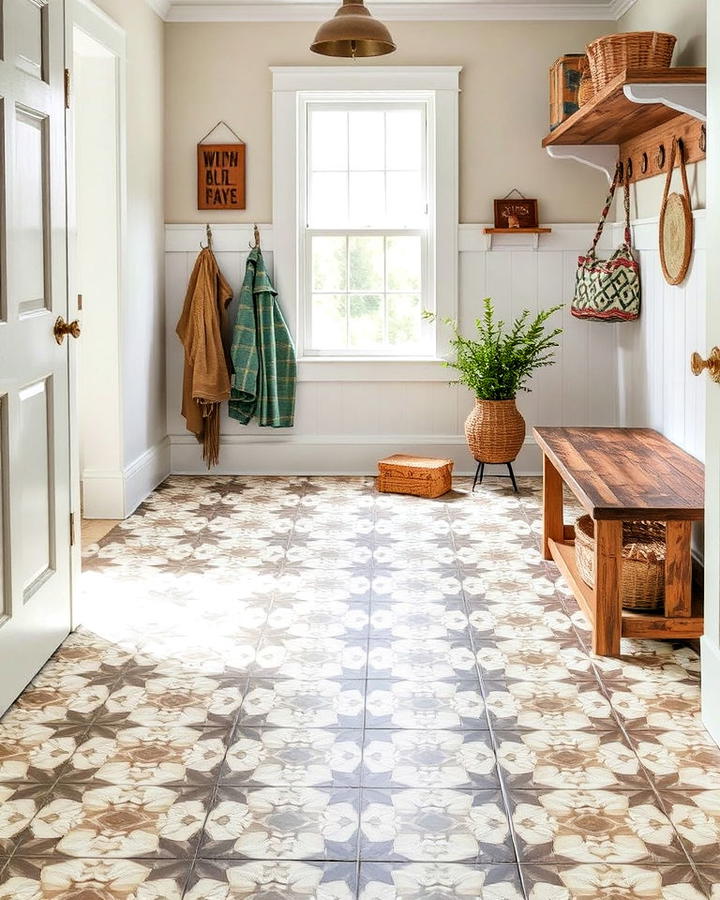 patterned tile floor mudroom for visual interest