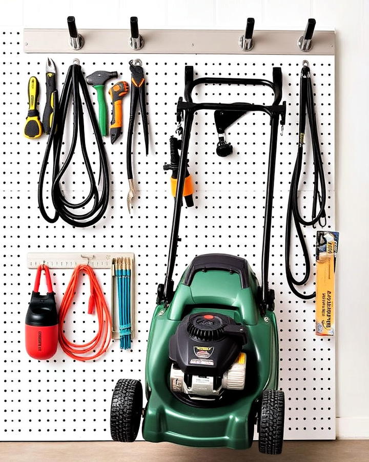 pegboard lawn mower storage system