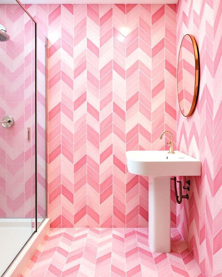 pink chevron tiles bathroom for dynamic movement