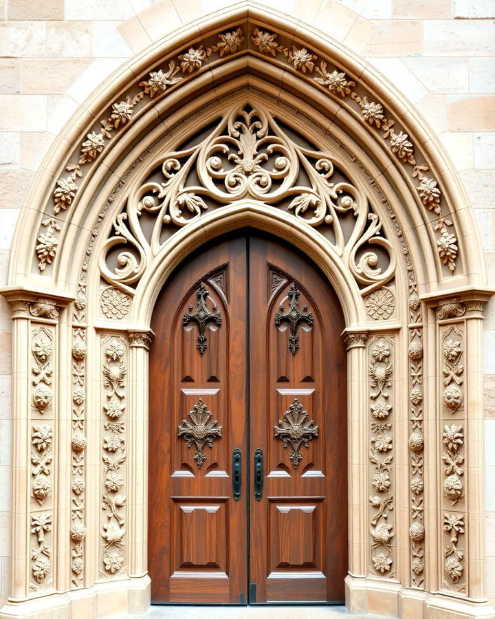 pointed arch front door with carvings