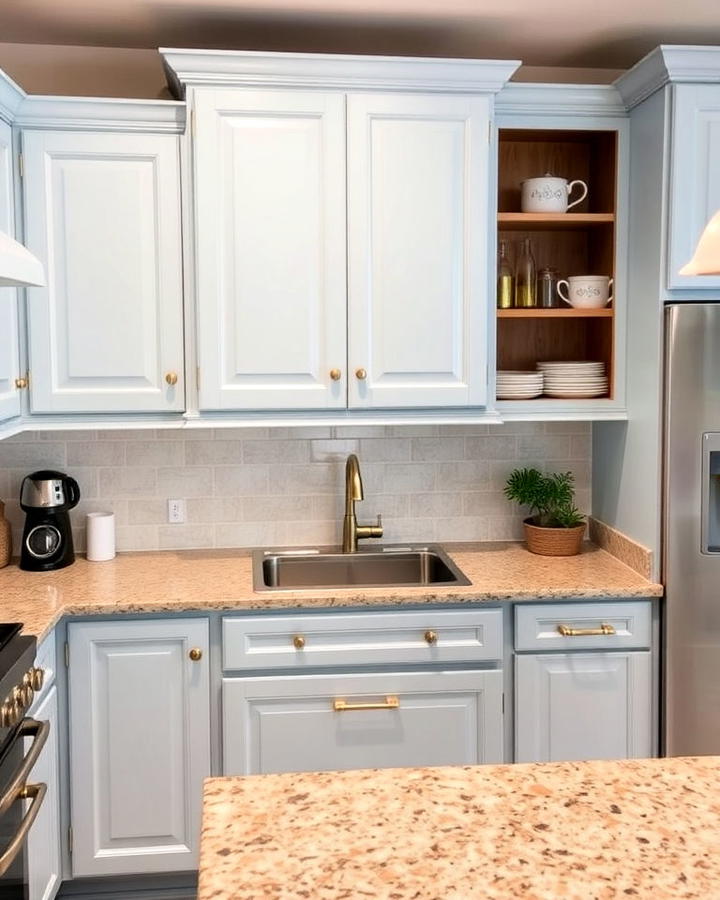 powder blue cabinets with beige toned brown granite