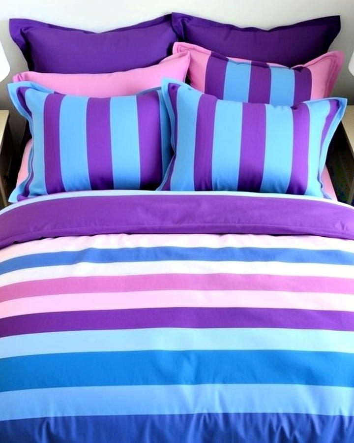 purple and blue striped bedding