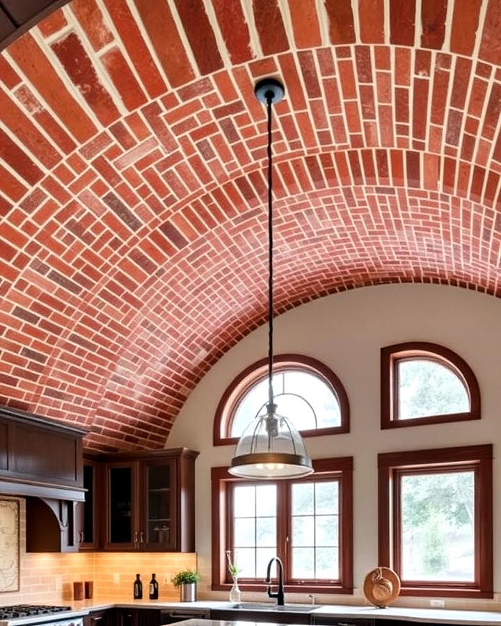 red brick ceiling accents in kitchen