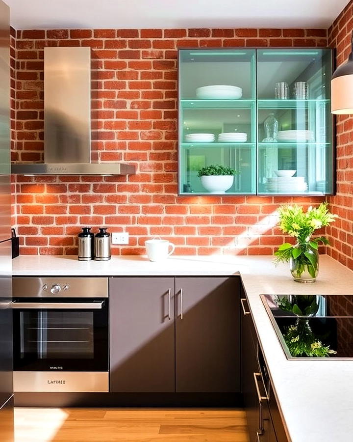 red brick kitchen with glass accents