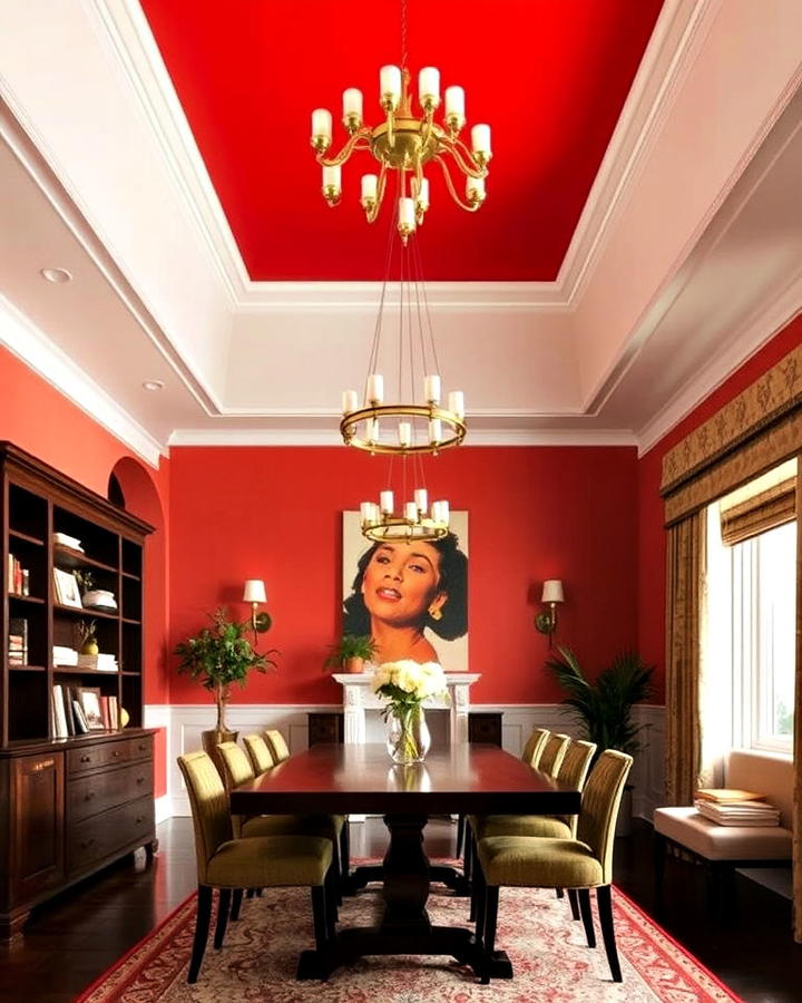 red ceiling statement dining room