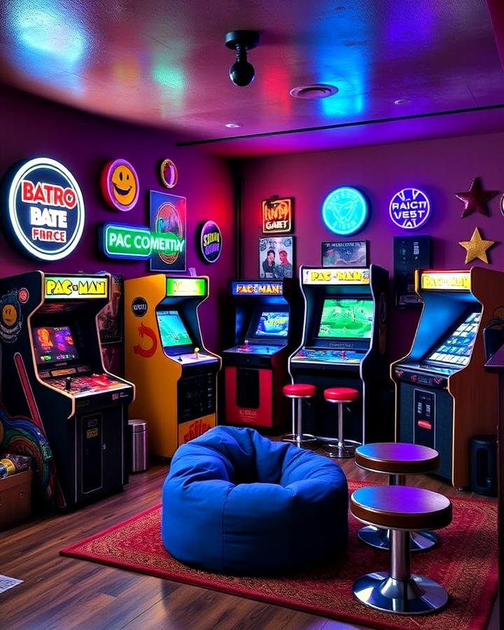 retro arcade themed man cave
