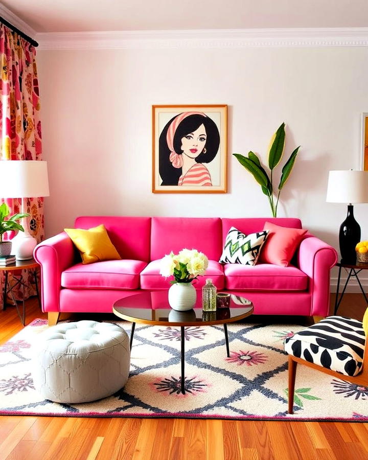 retro glam living room with bold patterns