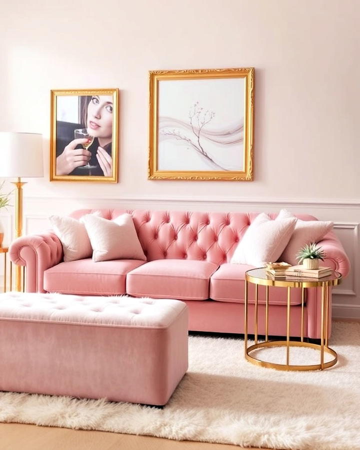 romantic blush living room with gold accents