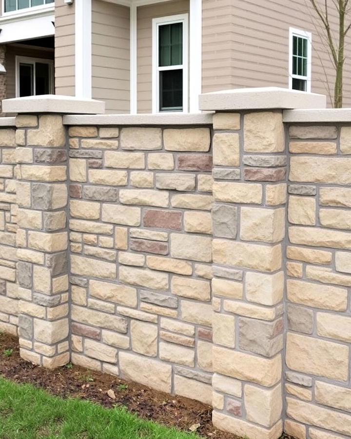 rustic concrete block fence with stone veneer