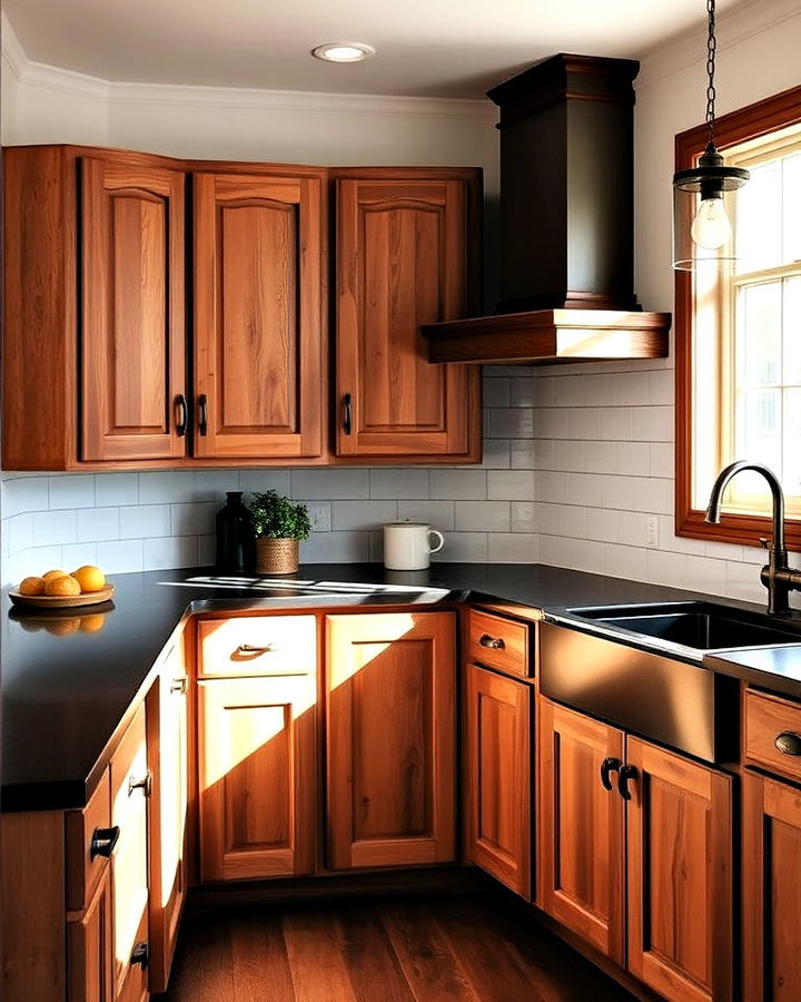 rustic kitchen with wooden brown cabinets