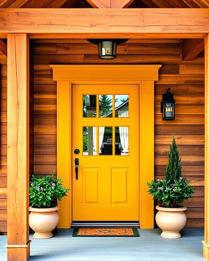 rustic mustard yellow front door with wooden elements