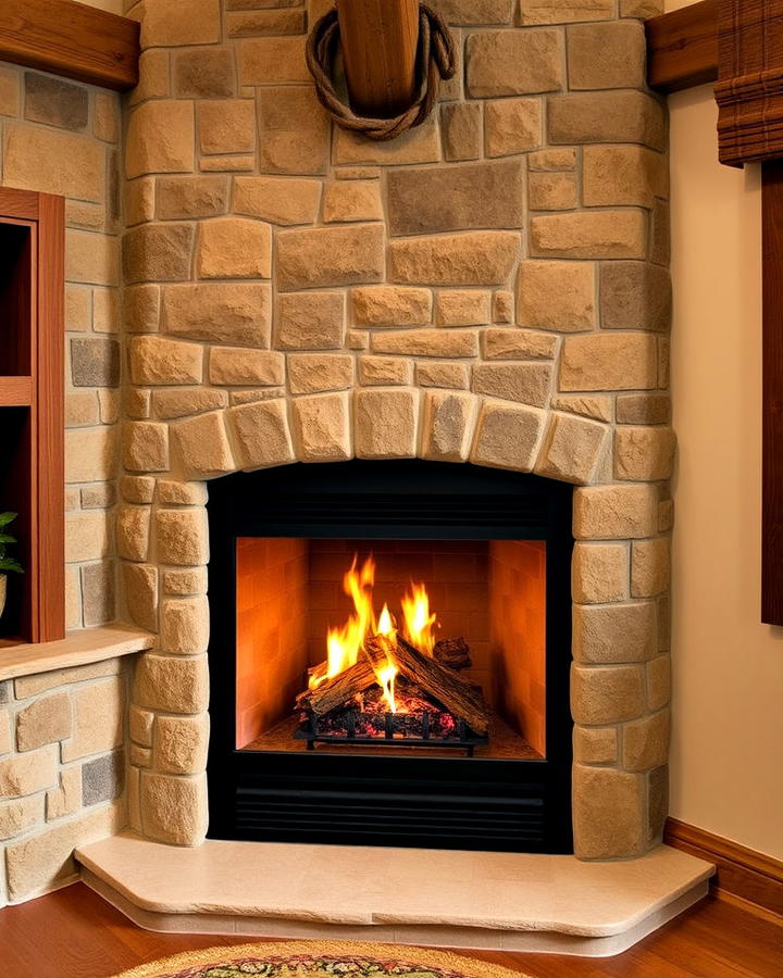 rustic stone clad corner gas fireplace