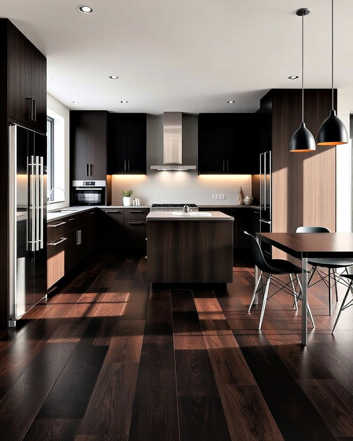 sleek modern kitchen with dark wood floor