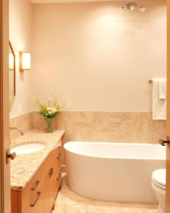 soft neutrals bathroom with light brown granite and beige accents