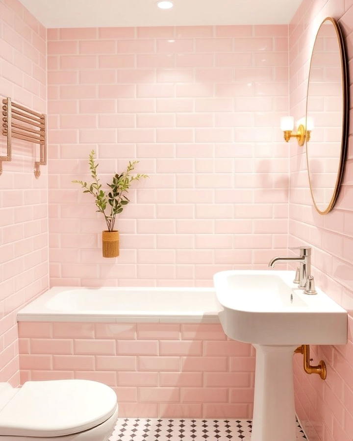 soft pink subway tiles bathroom