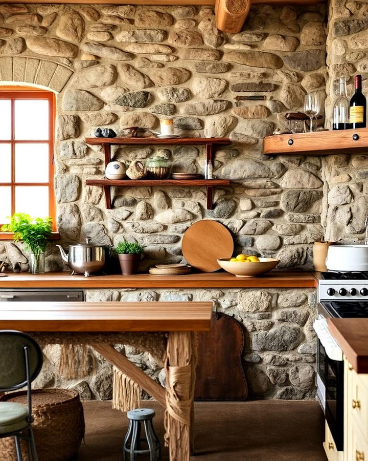 stone clad walls primitive kitchen