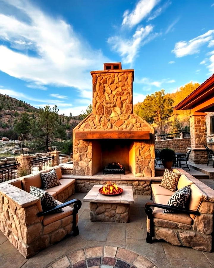 stone fireplace with built in seating