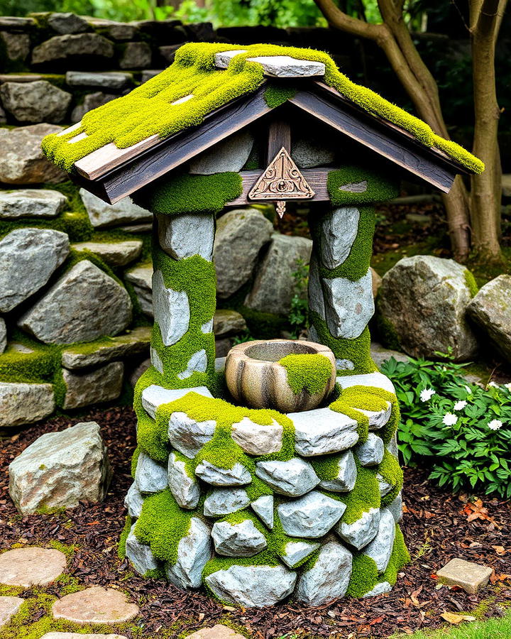 stone wishing well with moss accents