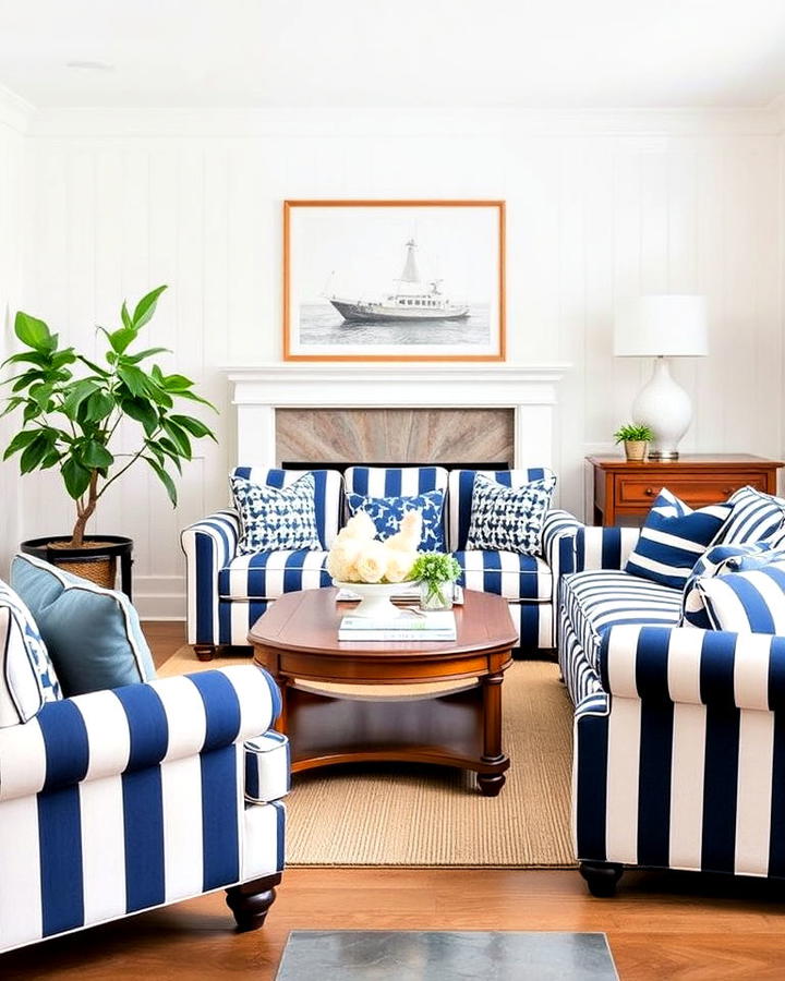 striped upholstery preppy living room