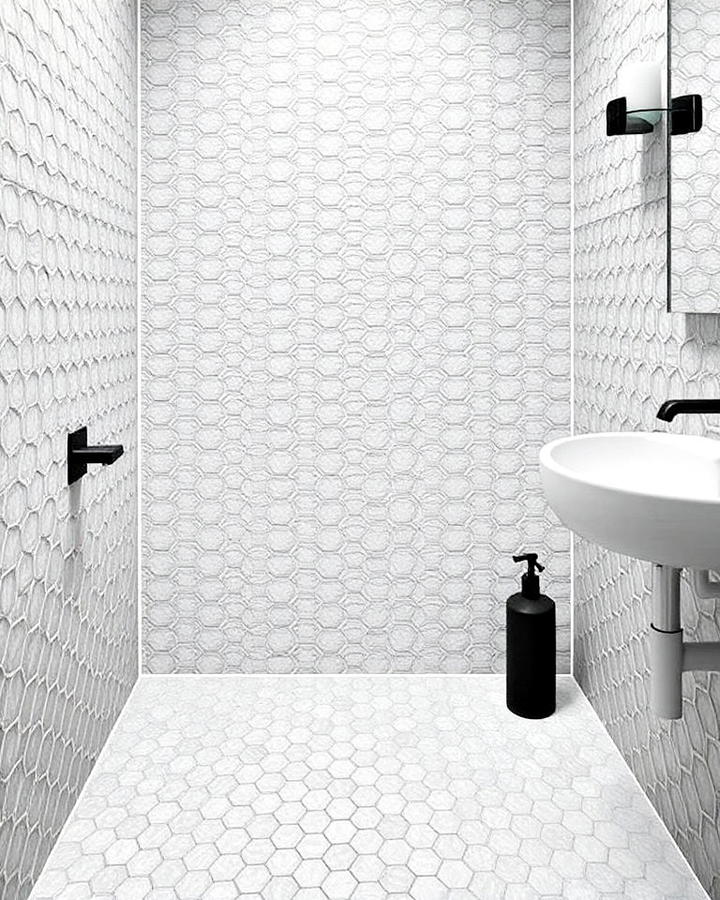 textured hexagon tiles bathroom for depth