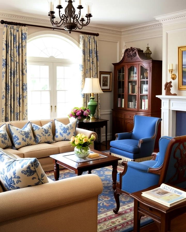 traditional living room with blue and beige