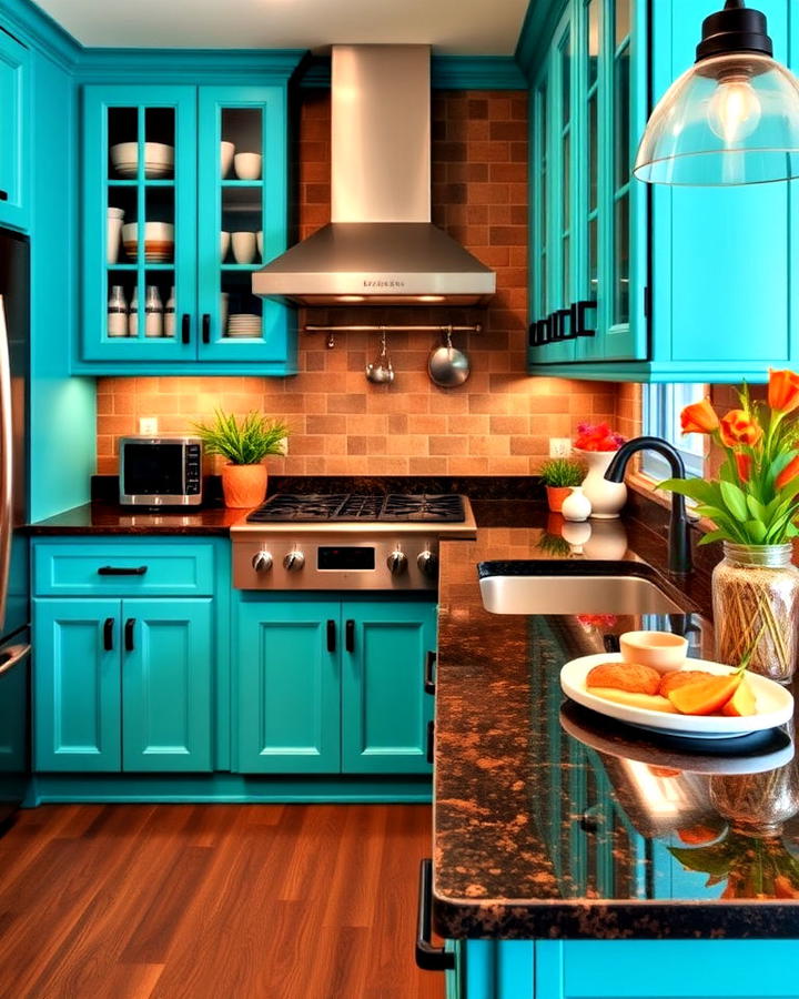 turquoise cabinets with espresso brown granite