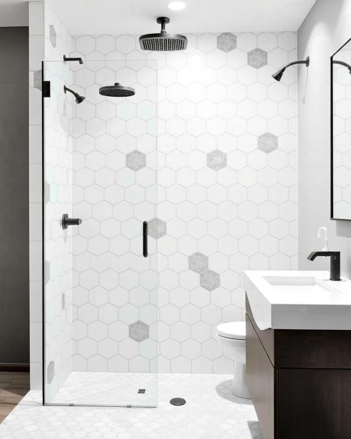 two tone hexagon tile design bathroom