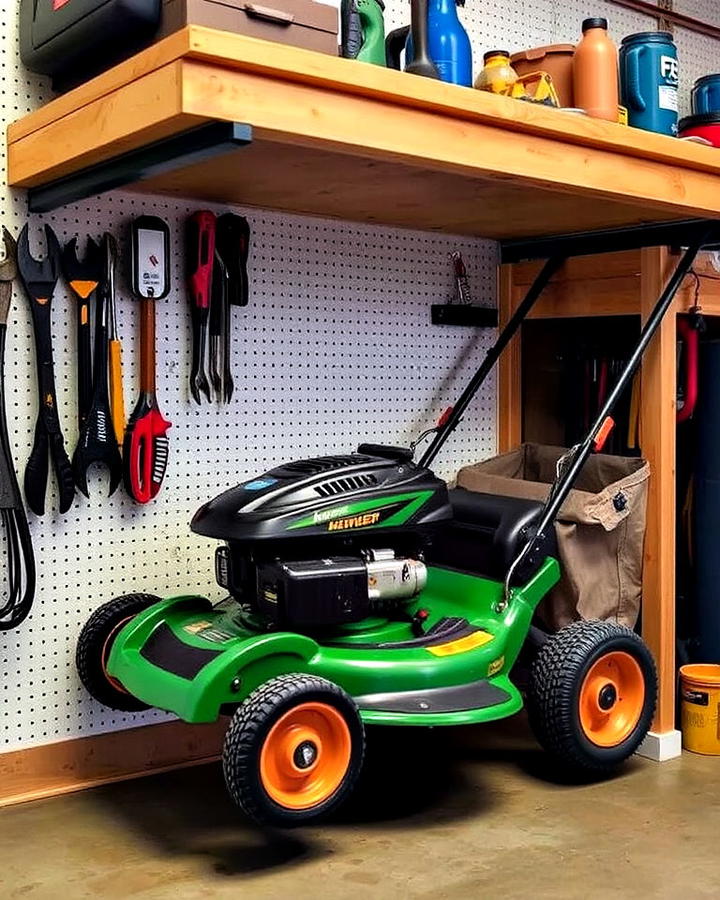 under workbench lawn mower storage