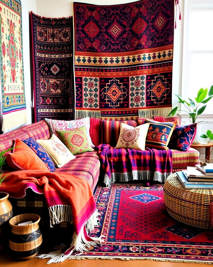 vibrant layers of textiles living room idea