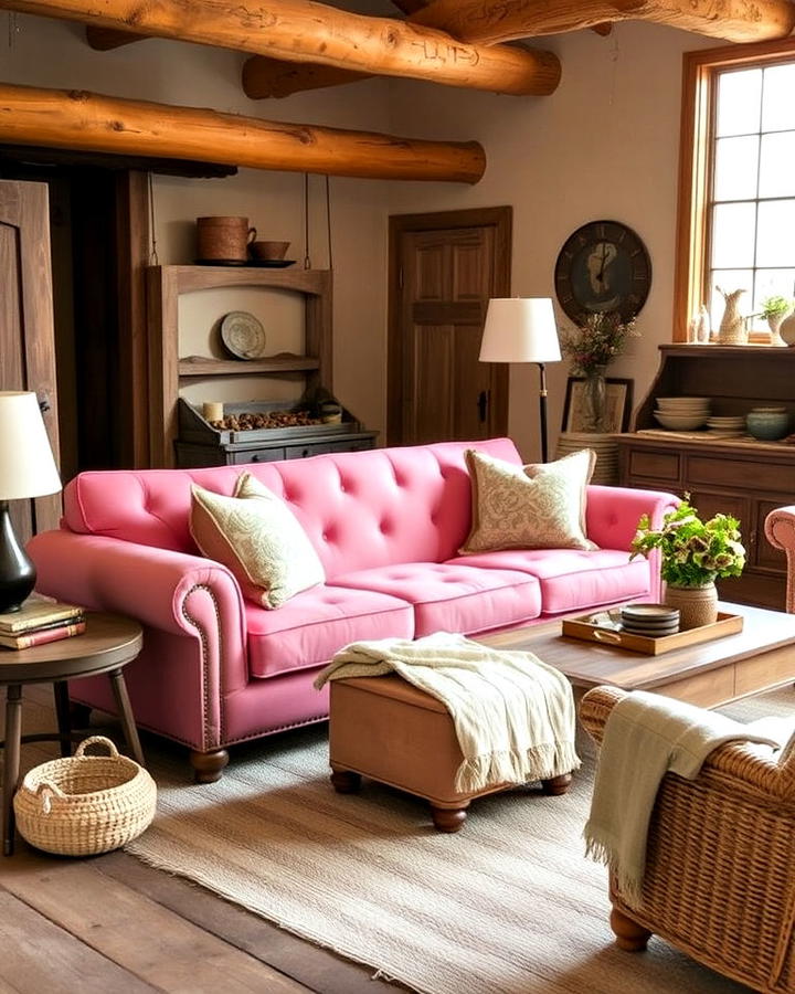 vibrant pink couch with tropical prints