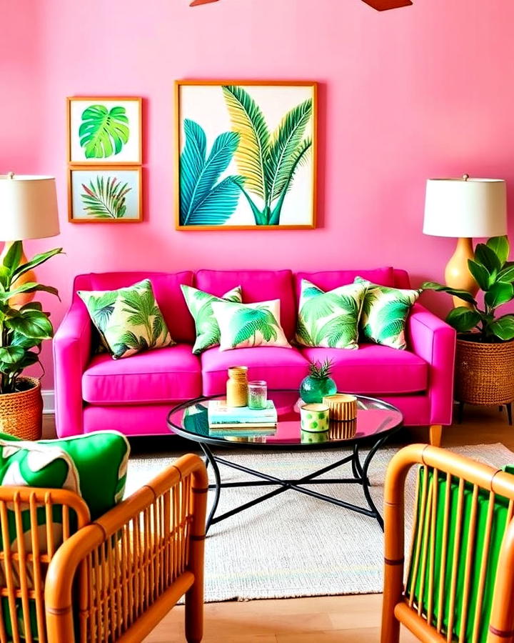 vibrant pink couch with tropical prints