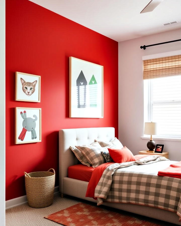 vibrant red accent wall boys room