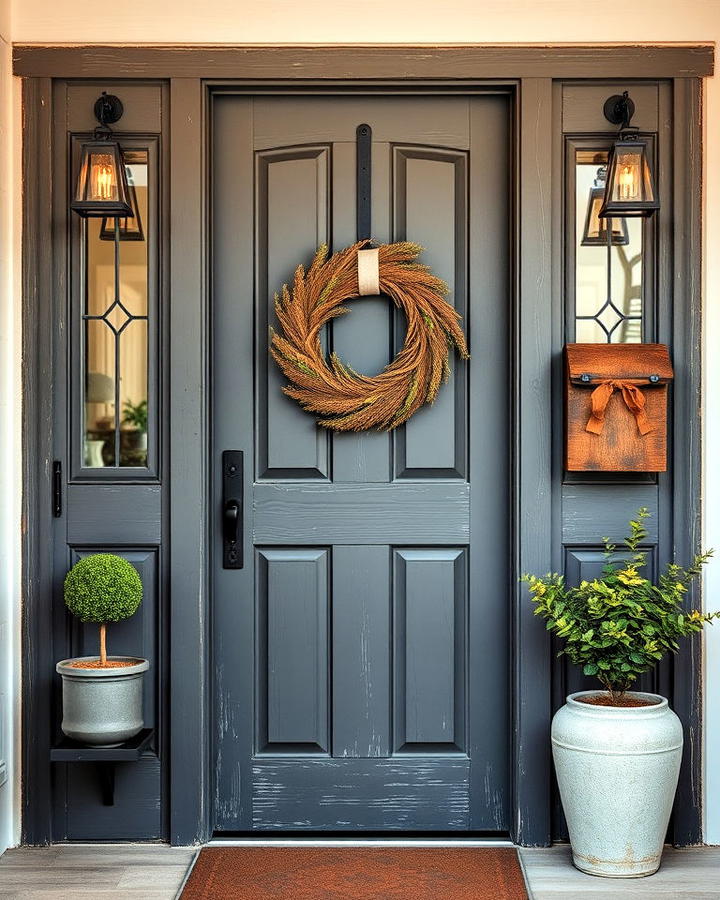 weathered gray front door with rustic elements