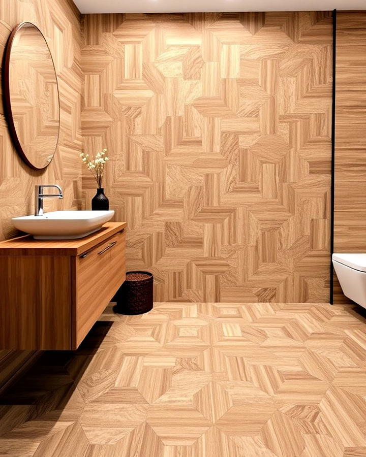 wood look hexagon tiles bathroom