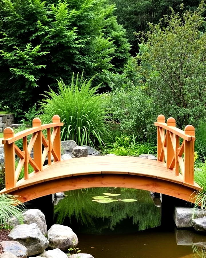 wooden arch bridge with railing