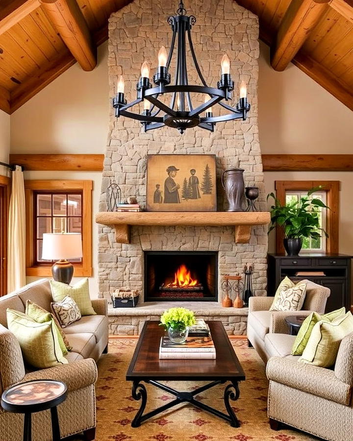 wrought iron accents cabin living room