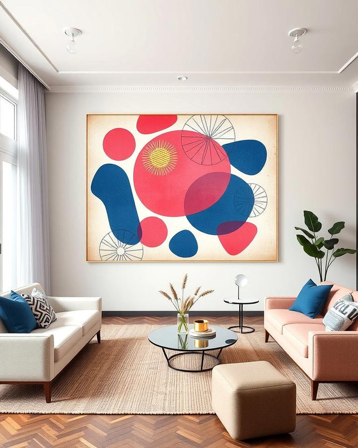 Abstract Art Accent Wall - 25 Pink and Blue Living Room Ideas