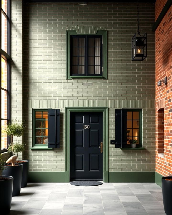 Accentuating with Black Details - 25 Sage Green Painted Brick House Ideas