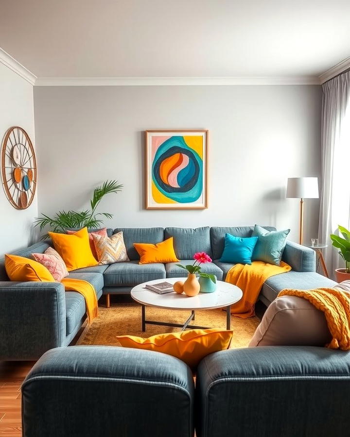 Add Bold Accent Colors - 30 Grey Couch Living Room Ideas