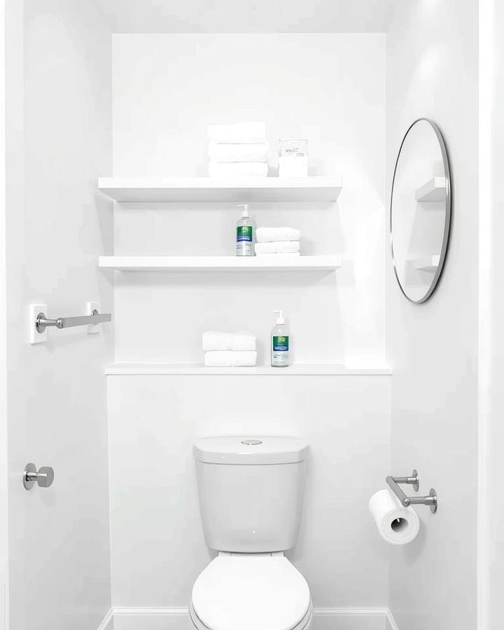 Add Floating Shelves for Storage - 30 Small White Bathroom Ideas