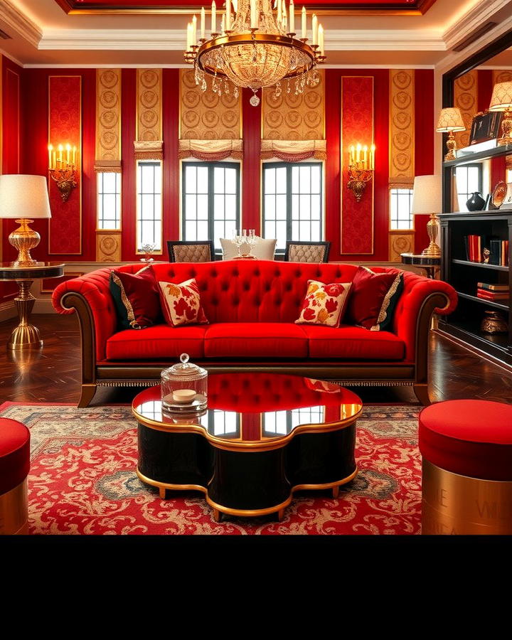 Add Metallic Accents - 25 Red Couch Living Room Ideas