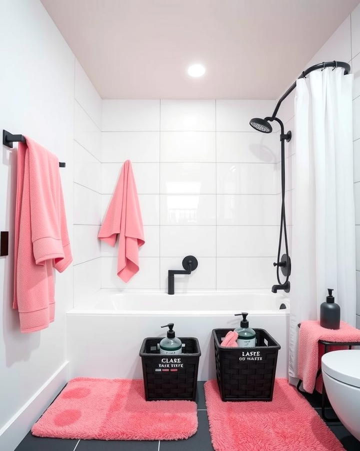 Add Pink Towels and Black Accessories - 25 Pink and Black Bathroom Ideas