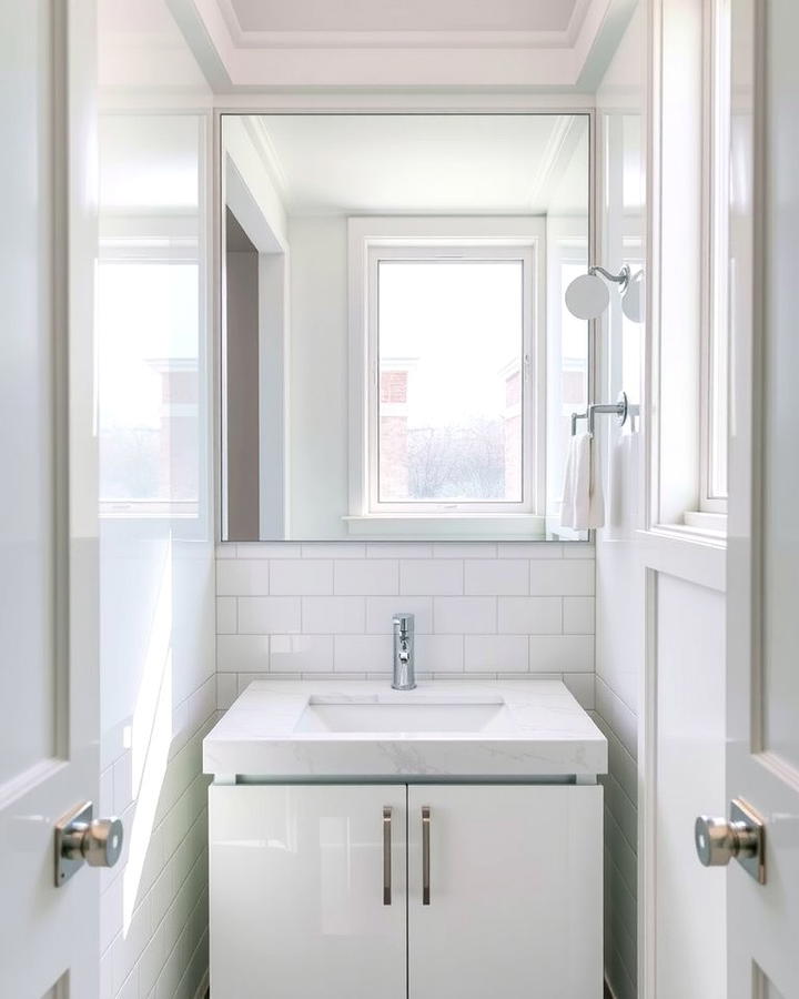 Add Reflective Surfaces - 30 Small White Bathroom Ideas