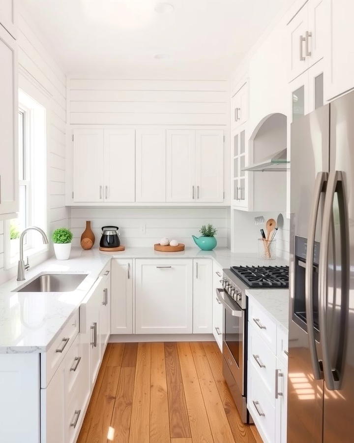 Add Texture with Shiplap Walls - 25 White Kitchen with Stainless Steel Appliances Ideas