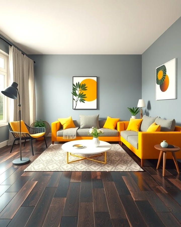 Adding a Pop of Yellow - 30 Grey Living Room With Dark Wood Floors