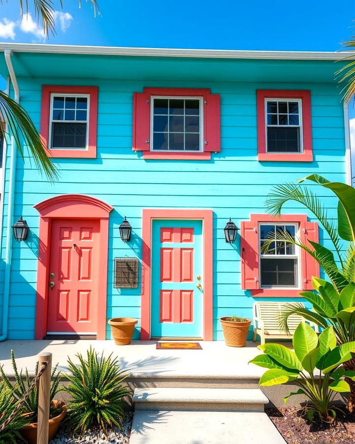 Aqua Blue with Coral Highlights - 30 blue exterior house paint ideas