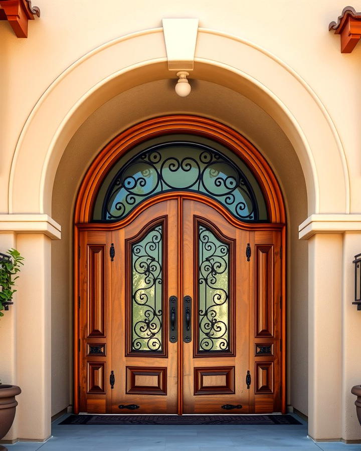 Arched Wooden Doors with Wrought Iron Details - 25 spanish style front door ideas